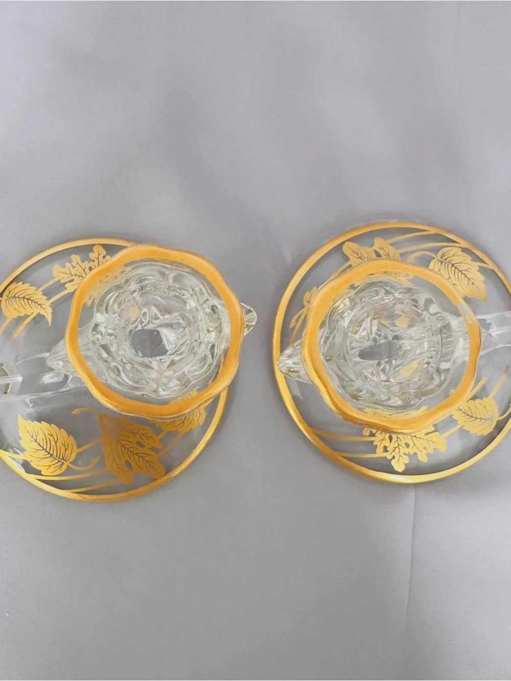 Vintage Fosteria Baraque Taper Candle Holders 22K Overlay Cornucopia Glass Art